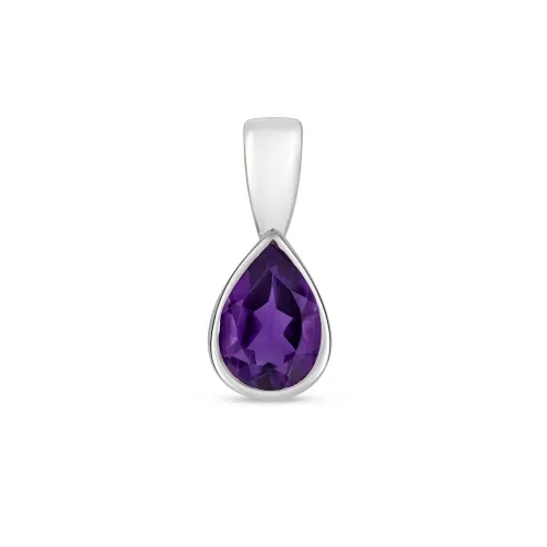 7X5Mm Pear Shaped Amethyst Rubover Pendant 9ct White Gold